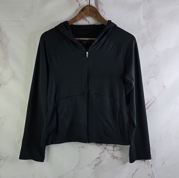 Patagonia Top Womens Medium Black Full Zip Shirt Lightweight Jacket Hood Rhythm - Picture 1 of 11